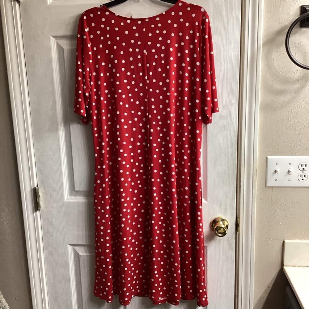 Susan Graver Printed Liquid Knit Fit & Flare Dress Large Tall Red Dot Pockets - Picture 6 of 10